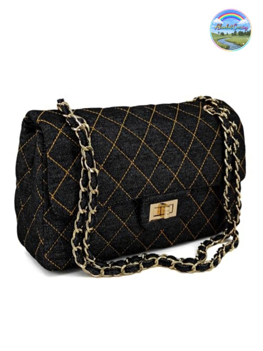 Vintage Quilted Denim Flap Shoulder Bag with Chain Strap
